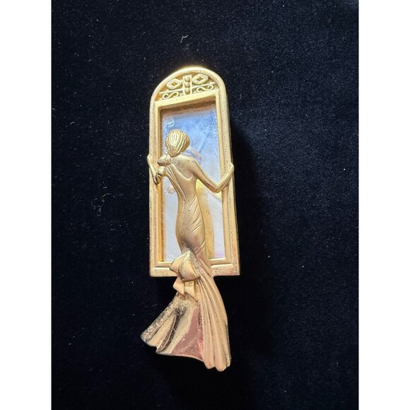 Vintage Gold-Tone Lady Figurine Brooch With Mirror By Cazic - Picture 3 of 5
